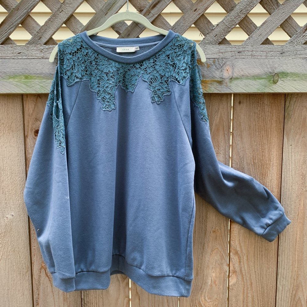 LUSH Lt. Blue Sweatshirt w/Lace & Open Shoulder
